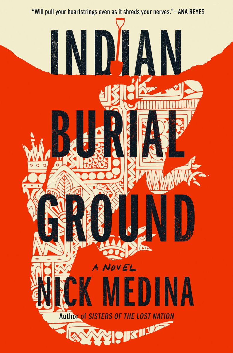 Cover of 'Indian Burial Ground' by Nick Medina. The bold red design highlights intricate indigenous patterns shaped into a serpent, creating an ominous and suspenseful tone.