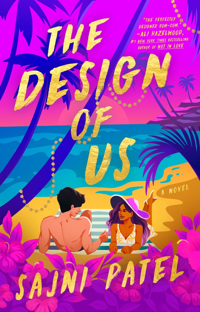 THE DESIGN OF US by Sajni Patel a romance book cover depicting an illustration of a man and woman laying on a beach