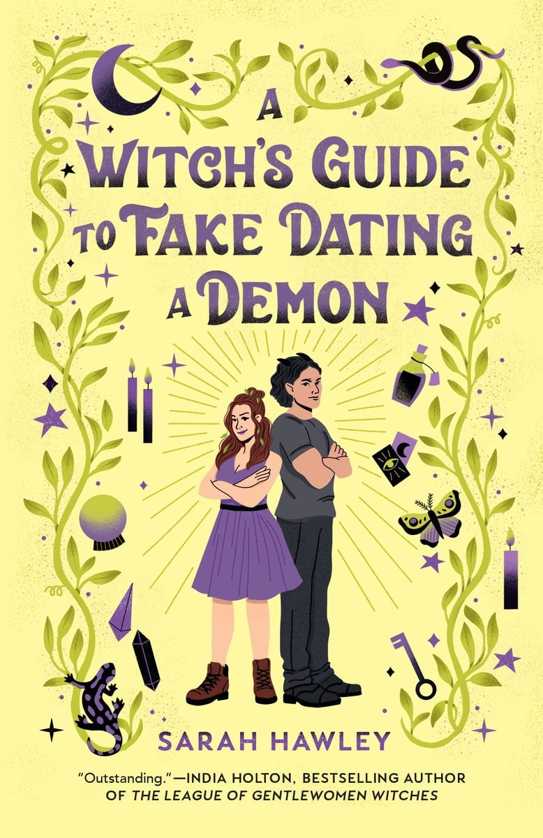 A Witch's Guide to Fake Dating a Demon by Sarah Hawley, a fiction book cover featuring a yellow background with green and purple decorative, witchy illustrations and a woman and a man standing close together.