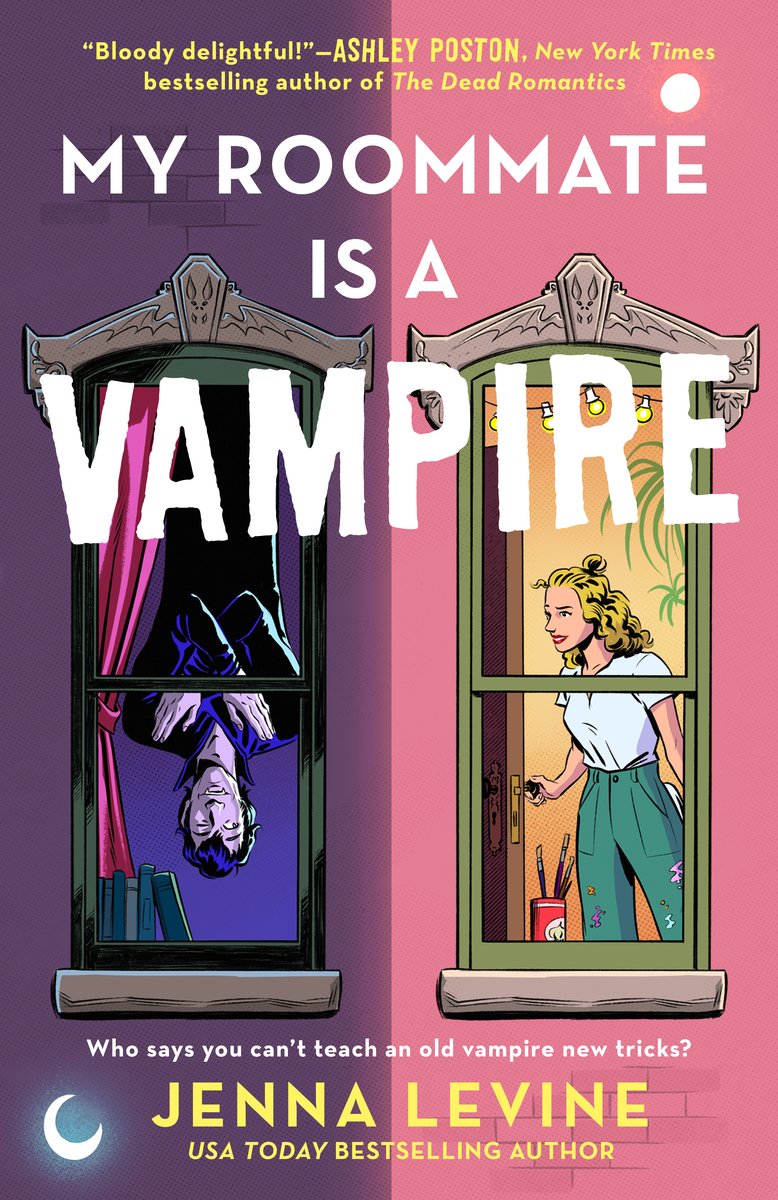 My Roommate is a Vampire by Jenna Levine, a fiction book cover of a split-screen illustration featuring two windows: one showing a vampire in a dark, gothic setting, and the other depicting a cheerful woman in a cosy, modern apartment.