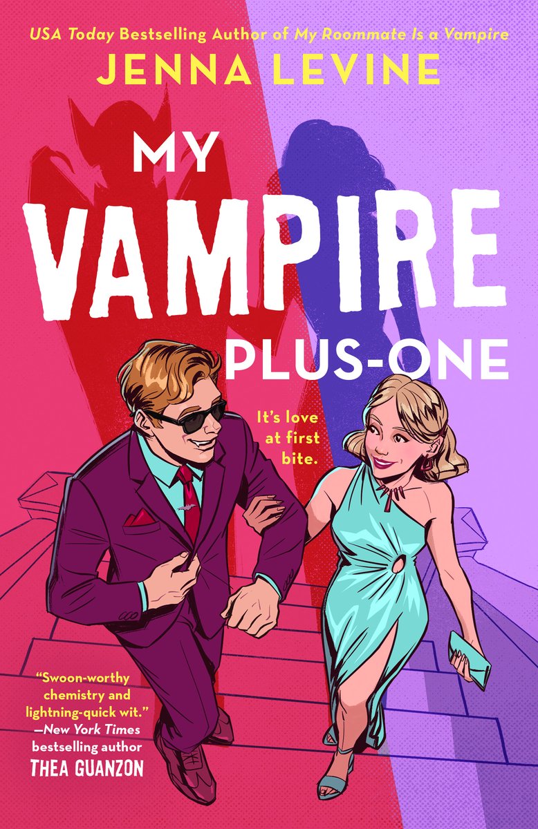 My Vampire Plus-One by Jenna Levine book cover featuring a brown-haired man in a dark purple suit linking arms and walking up stairs with a blonde-haired woman wearing a turquoise dress and matching heals and clutch.
