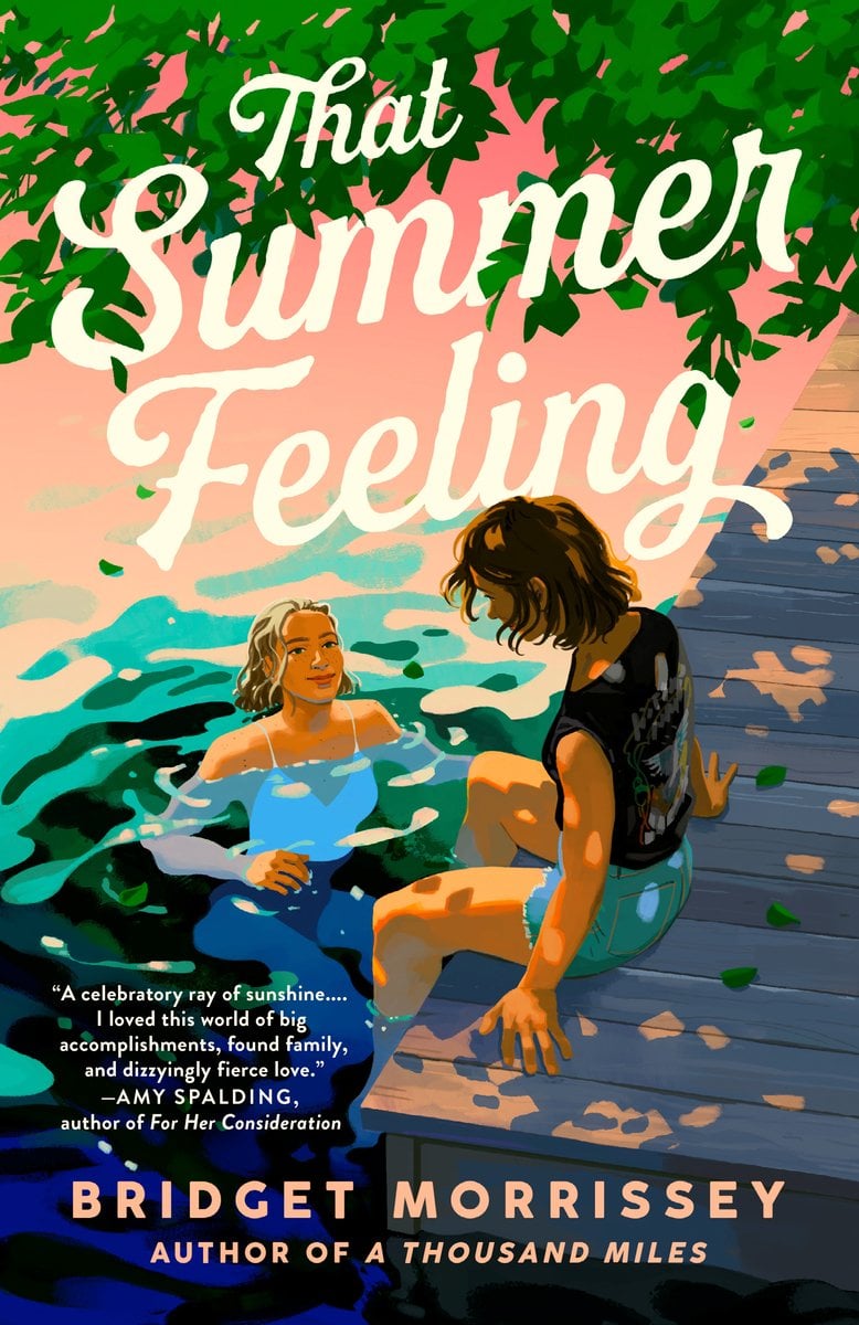 THAT SUMMER FEELING by Bridget Morrissey a romance book cover depicting an illustration of two people near a lake, on sitting on a dock and the other in the water.