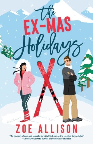 A woman and man stand on opposites of a pair of skies standing up in the snow. They are both dressed in winter clothes and staring at each other with not-so-fond expressions. There is snow, snow-covered trees, and ice blue mountains in the background. The title sits above their heads in large green and red letters. The author's name sits at the bottom in red letters.