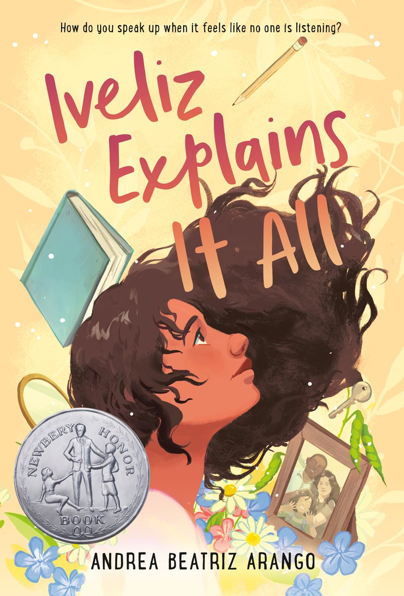 The book cover for Iveliz Explains It All. Iveliz is looking up with her hair floating in the same direction as she is surrounded by a book, keys, a picture of her family, and flowers.