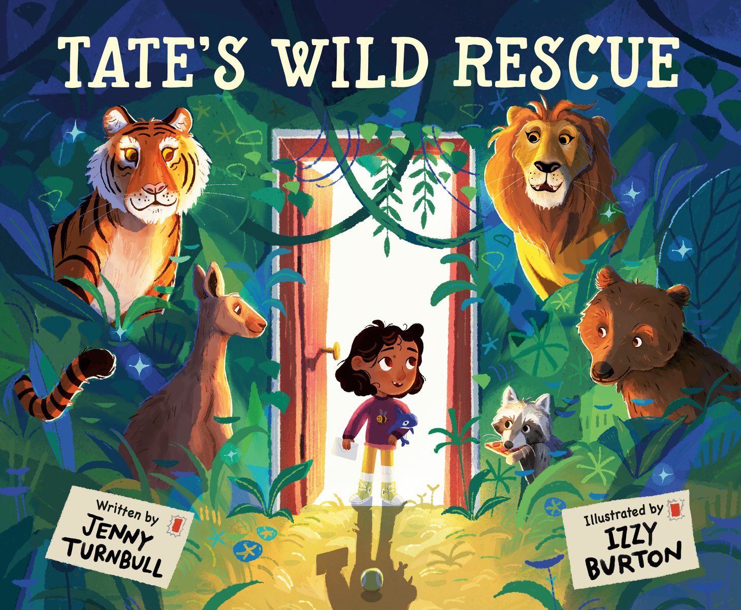 Book cover of Tate's Wild Rescue by Jenny Turnbull, illustrated by Izzy Burton. In the center, a young Black girl with black, curly hair wearing a purple shirt and yellow pants with white shoes stands in a lit doorway staring at a lion to her left. A lion, brown bear, kangaroo and a tiger sit amongst wild greenery and smile at her. The title is above them in a cream color.
