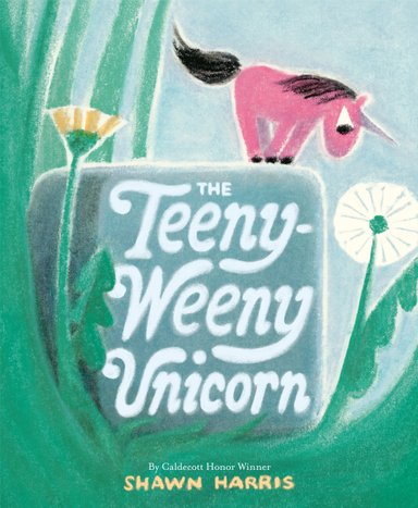 Book cover of The Teeny-Weeny Unicorn by Shawn Harris, featuring a tiny pink unicorn with black mane and tail looking down from the top of a square rock; grasses and flowers tower over him.