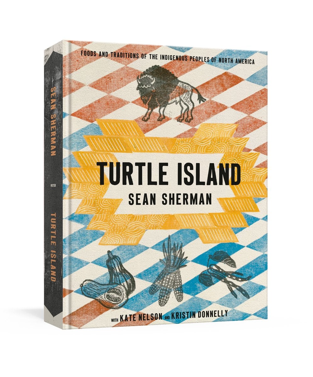 Turtle Island: Foods and Traditions of the Indigenous Peoples of North America by Sean Sherman book cover of traditional red, yellow, and blue Indigenous pattern with black linework illustrations of corn, squash, green beans, and a bison overlayed on it surrounding the black capitalized title text.