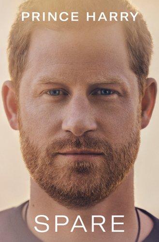 Book cover for Spare by Prince Harry featuring an image of his face with white letters