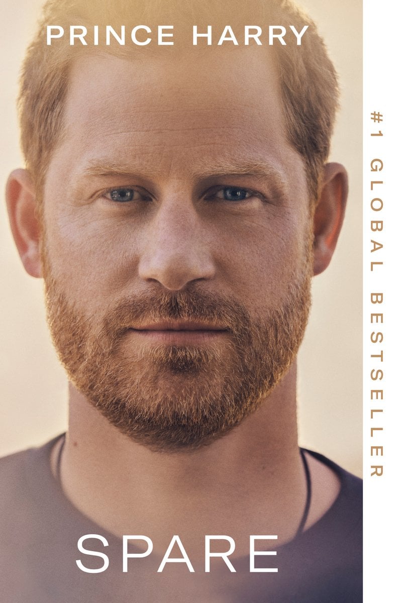 Spare, an autobiography by Prince Harry, Duke of Sussex. The cover is a headshot of Prince Harry.