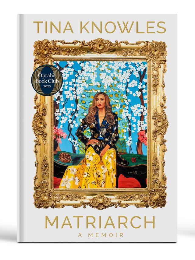 Matriarch: A Memoir By Tina Knowles. Cover depicts a portrait of Tina Knowles within a gold frame.