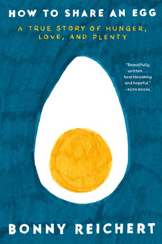 How To Share an Egg: A True Story of Hunger, Love, and Plenty by Bonny Reichert, book cover. The background was painted a sea blue, with an egg in the center showing an exposed, perfectly circular yolk.