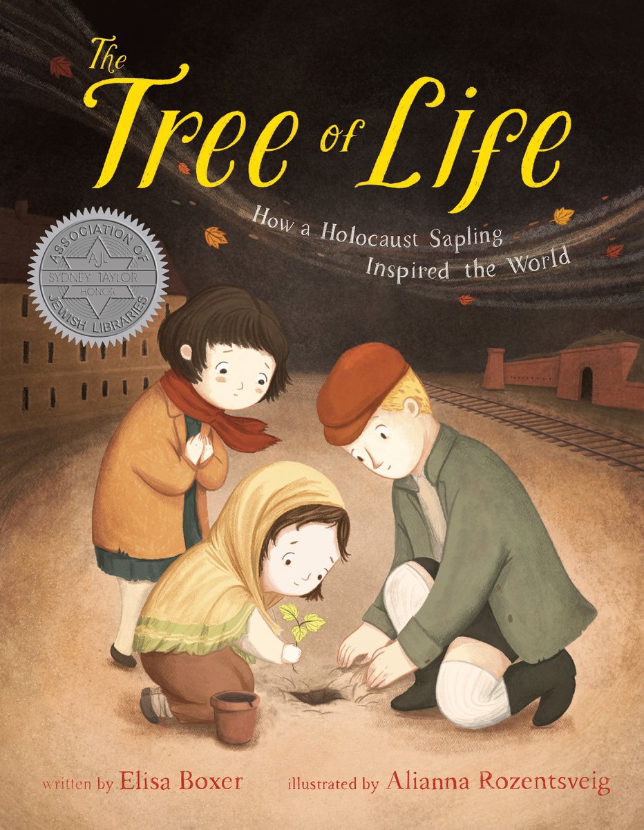 Book cover of The Tree of Life: How a Holocaust Sapling Inspired the World by Elisa Boxer, Illustrated by Alianna Rozentsveig, featuring three light-skinned children crouched around a small hole in the dirt; one of the children lowers a small green sapling into it. In the background is a nondescript building and a train depot and tracks, and a strong wind is blowing.