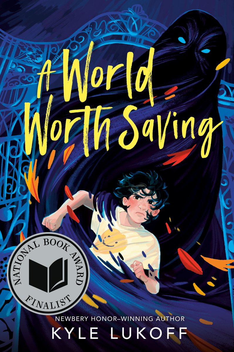 A World Worth Saving by Kyle Lukoff, book cover. In front of a large metal gate, a young boy in a white shirt and with black hair is running while a large dark figure with ice blue eyes is standing right behind him.