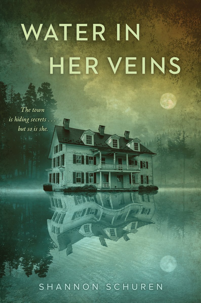 Book cover for YA mystery novel, "Water In Her Veins" by Shannon Schuren. Cover depicts a lone house floating on the water.