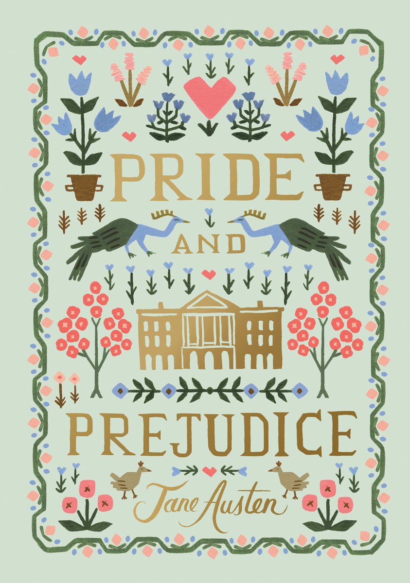 The book cover for Pride and Prejudice by Jane Austen. A pale green background with a pattern that mimics a cross-stitch quilt. The designs featured are blue and pink flowers, pink hearts, blue peacocks, a gold mansion, and pink blossom trees all surrounded by green vines.