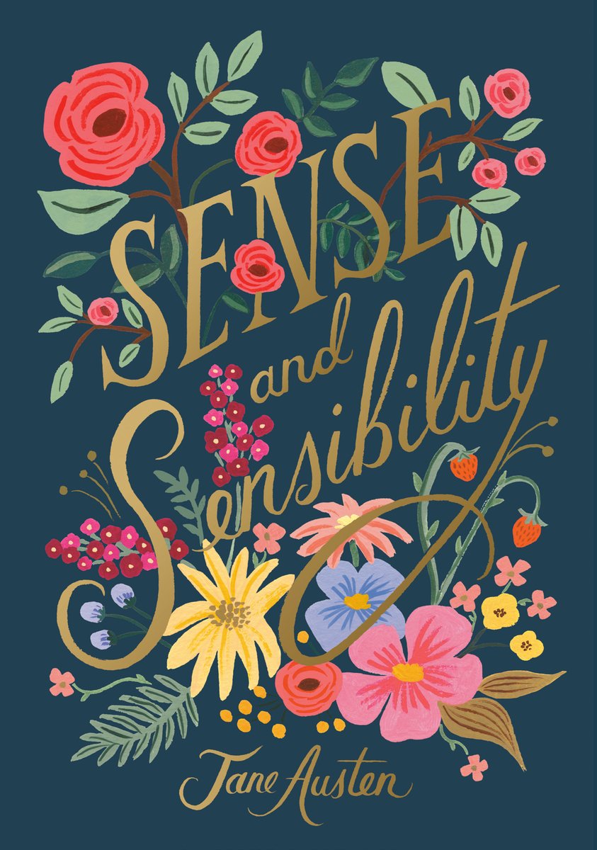 The book cover for Sense and Sensibility by Jane Austen. A dark blue background with red, purple, pink, blue, and yellow flowers. The title is in large gold text weaving between the blossoms.