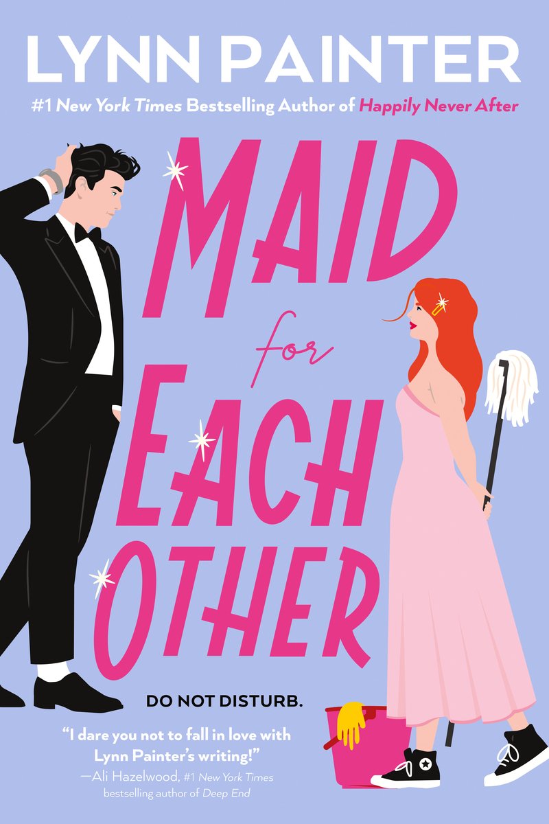 Maid for Each Other by Lynn Painter, a rom-com book cover depicting an illustration of a woman in a pink dress holding a mop looking at a man in a black tux on a lavender background.