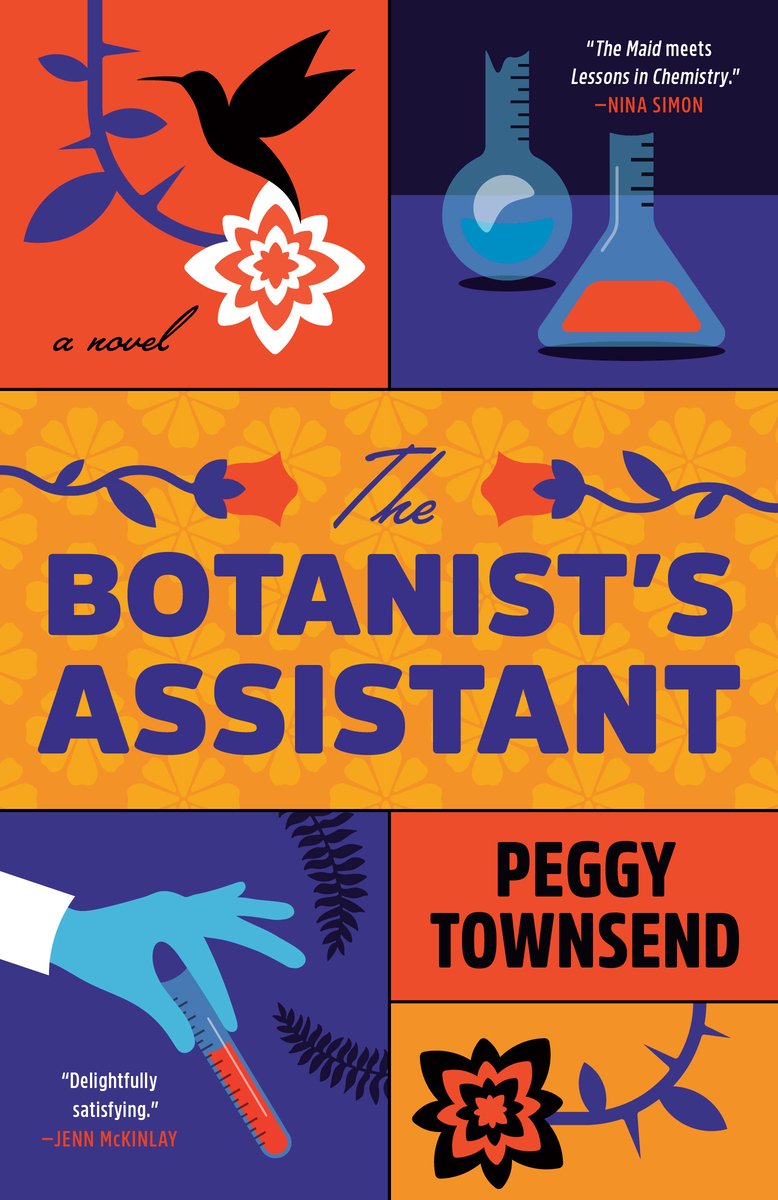 A cover of The Botanist's Assistant by Peggy Townsend. The cover is made up of squares of cartoonish and scientific drawings. It is a cover made up of purple, orange, yellow, and black.