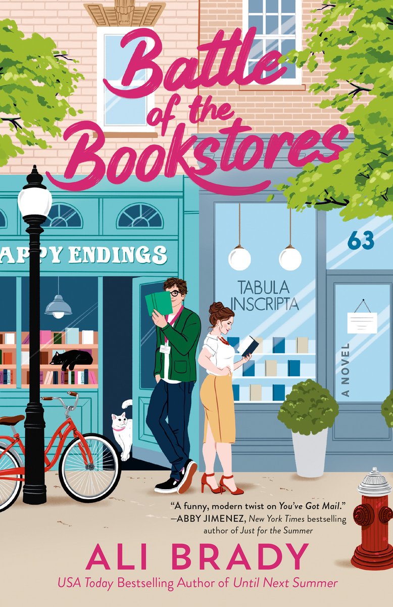 Cover of "Battle of the Bookstores" by Ali Brady. A man and a woman are both holding books in front of bookshops, standing back to back.