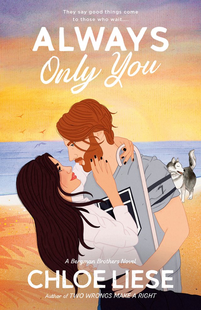 Always Only You by Chloe Liese. Book cover. Artwork of a woman and a man holding each other and looking into each other's eyes on a beach with a sunset behind them. The woman is draping her cane over the man's shoulder. There is a Siberian Husky and seagulls in the background.