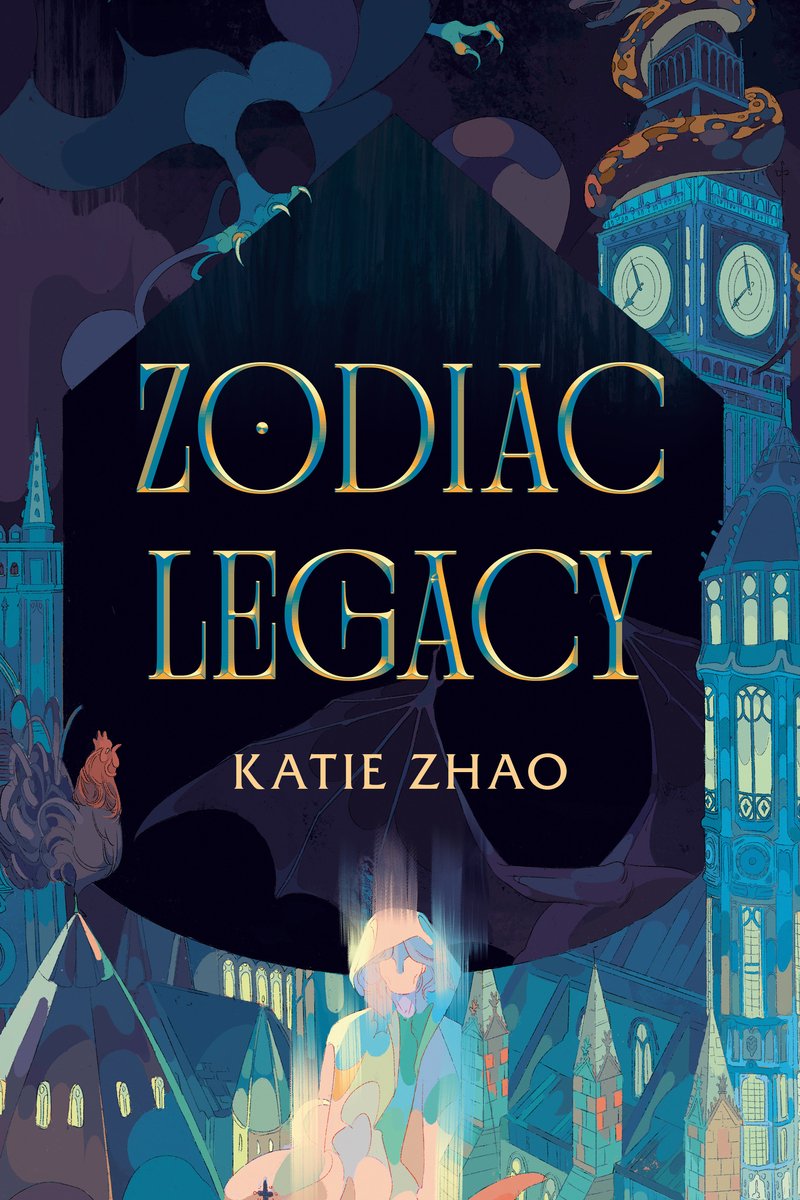 Book cover of Zodiac Legacy by Katie Zhao. There is a city of stained glass on the cover, with a person made of stained glass at the bottom.