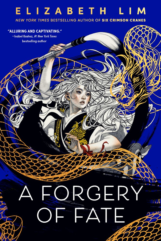 A Forgery Of Fate by Elizabeth Lim book cover featuring a woman with long pale hair and grey eyes, dressed in a robe in shades of white and black. She holds a large brush in her right hand. At the top, the author’s name appears in white uppercase letters. The title, A FORGERY OF FATE, is centered in large white serif capitals just below.