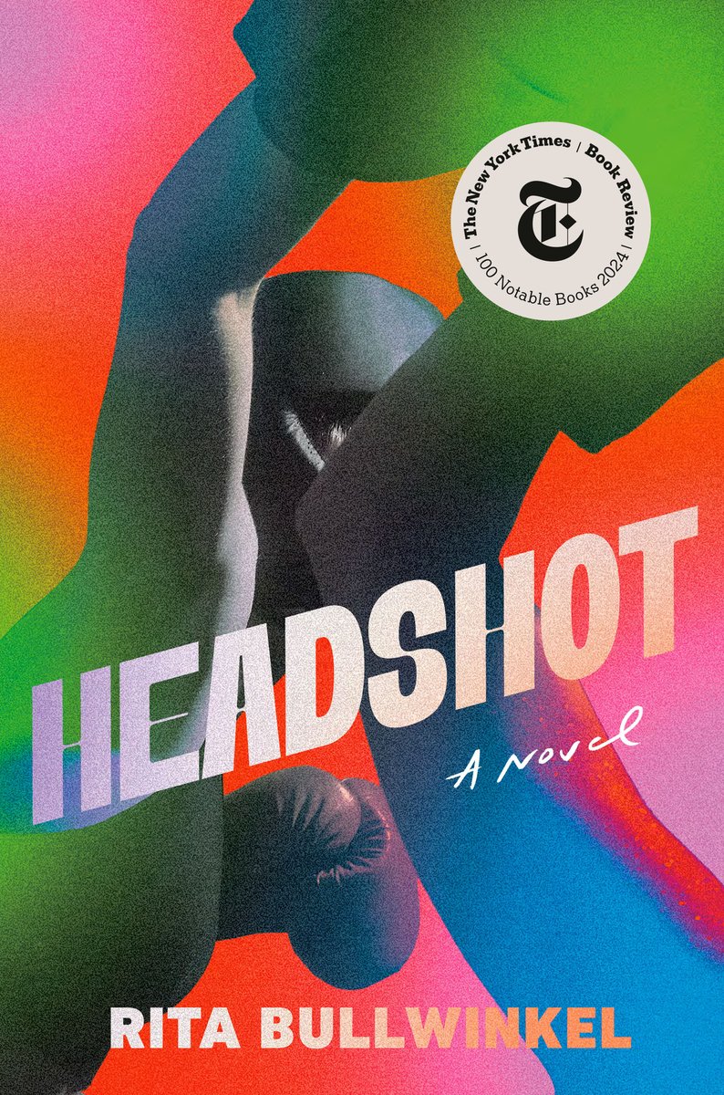 The book cover of contemporary fiction novel Headshot, depicting a person in boxing gloves and a helmet punching, with spots of neon color in the background.