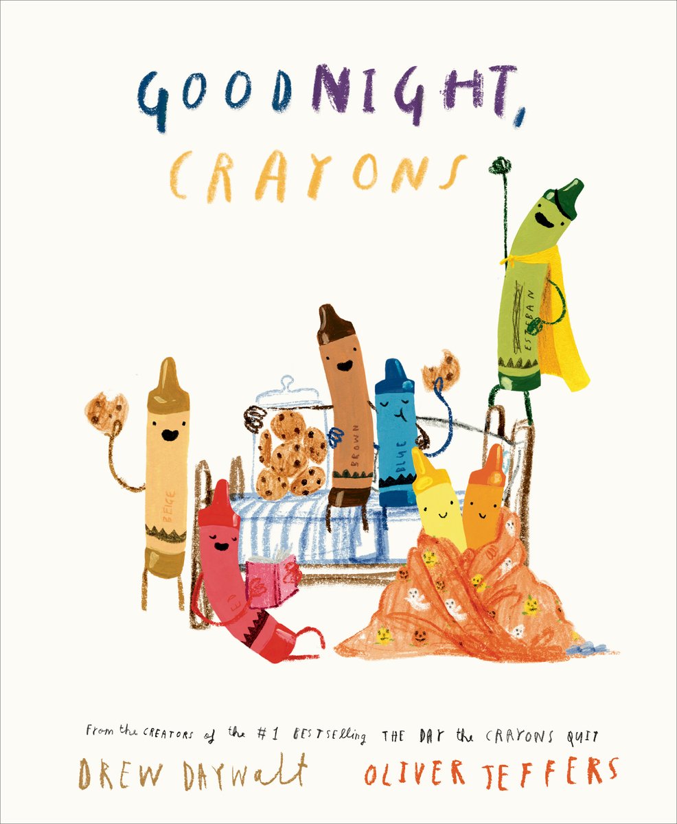 Goodnight Crayons book cover on a white background with a group of crayons -- yellow, red, blue, green, brown, yellow, tan, and orange. They appear to be getting ready for bed, sharing cookies, playing superhero, and snuggling under a blanket.