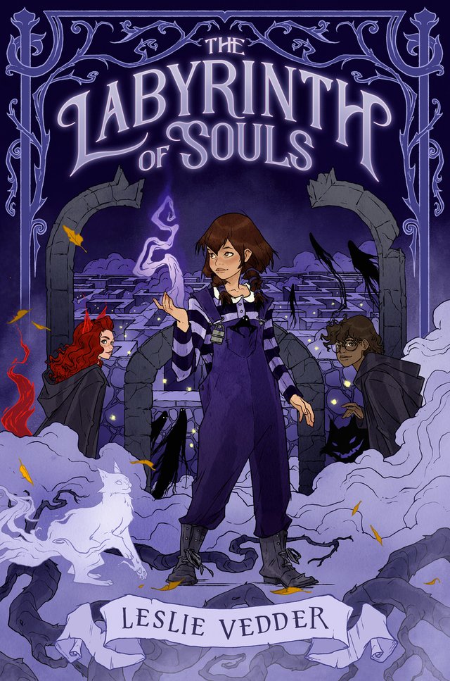 The Labyrinth of Souls by Leslie Vedder, book cover. Purple background with a child wearing overalls and has purple magic. Behind her, is a girl with fiery red hair and a boy in a dark cloak. Behind them depicts a dark labyrinth.