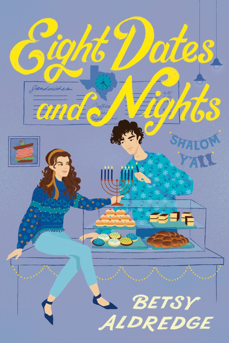 Eight Dates and Nights by Betsy Aldredge books cover is set on a lavender background with two teens on the enjoying Jewish-culture foods. The title is in bold, yellow script at the top and the author's name is in the bottom right corner in all caps.
