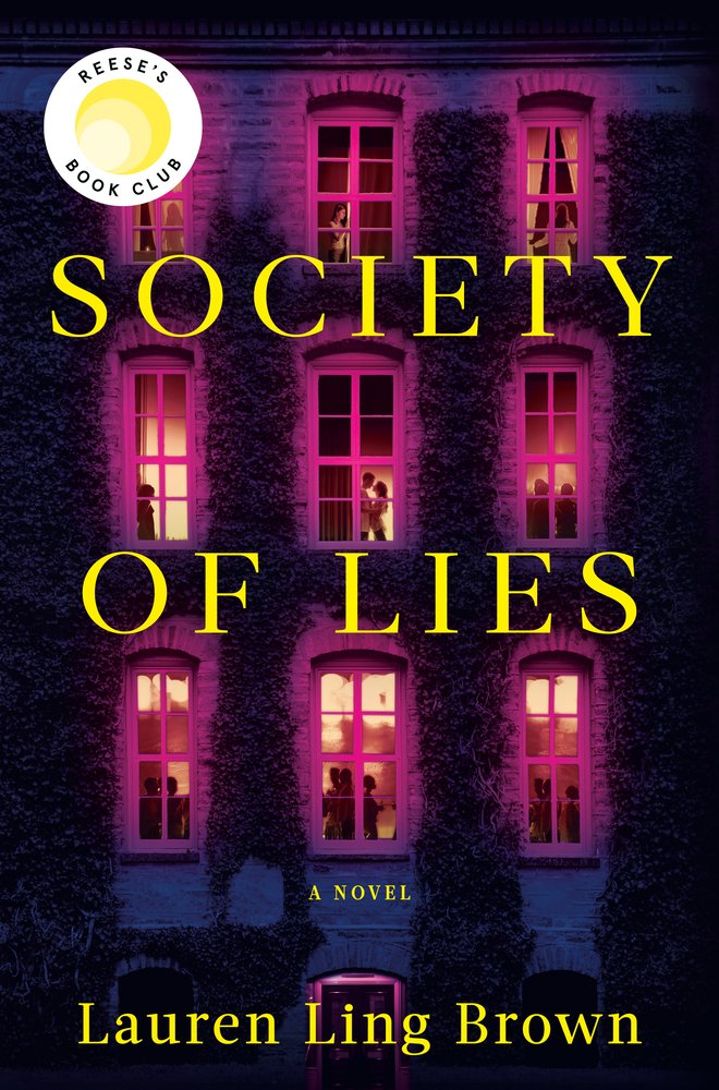 Society of Lies by Lauren Ling Brown book cover featuring a three-story house with nine windows, each highlighted in pink lighting.