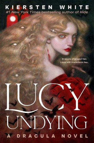 Lucy Undying: A Dracula Novel by Kiersten White, book cover. There is a blonde woman with a stone-cold expression on her face and bleeding bite marks on her neck. In her blonde hair, there are faces of hungry werewolves, their eyes standing out like pearl hair accessories. On her red dress there are dark, small bats that are flying all over.