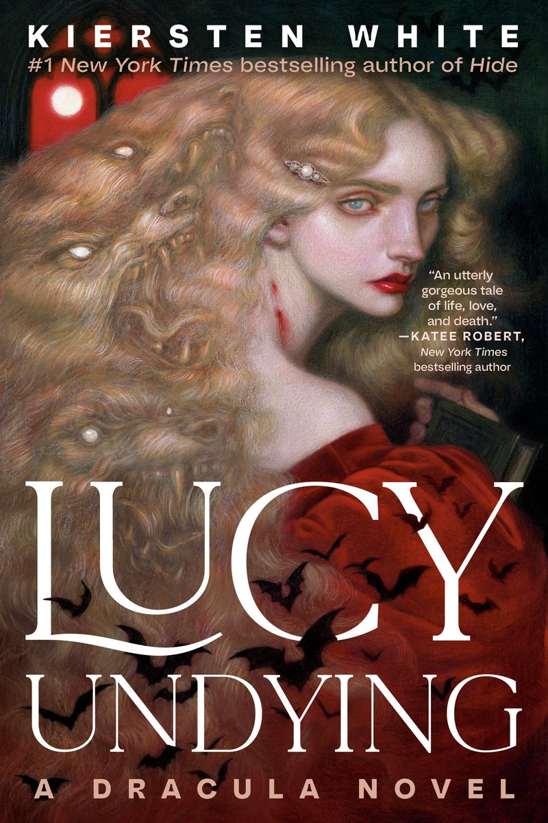 Book cover of Lucy Undying by Kiersten White featuring a girl with hair made up of what looks like faces of wolves.