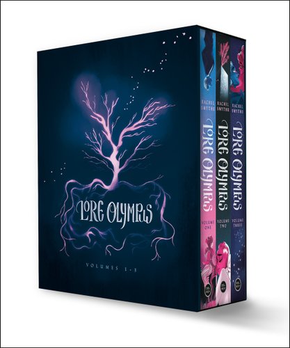 Three book box set of Lore Olympus by Rachel Smythe. The box cover is dark blue with a pink tree branching out.