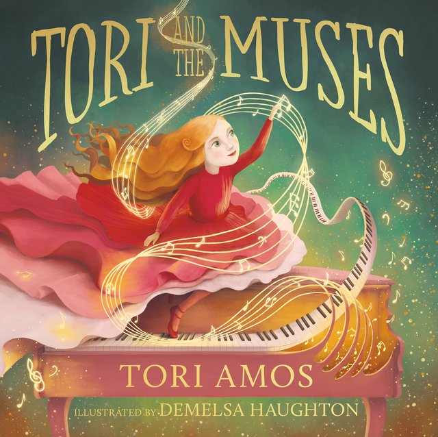 Tori and the Muses by Tori Amos, book cover. A young girl sitting on a pink piano in a pink and red dress, surrounded by music notes.