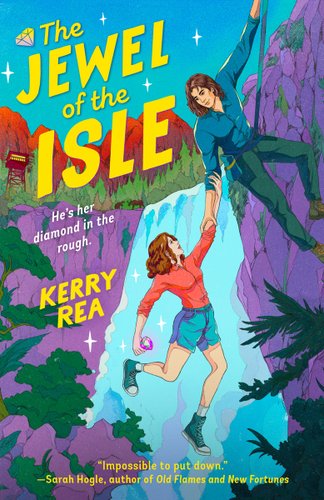 Cartoon depiction of purple cliffs and a waterfall. A rugged man is rock climbing and it holding the arm of a woman who is falling. In her hand is a purple jewel