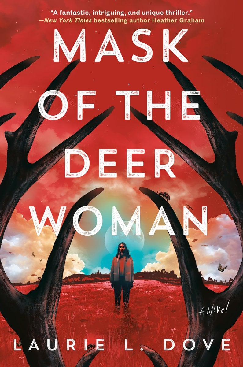 A woman framed by deer antlers on a red background with the moon hovering just behind/above her head. The grass and the sky are both red, and the title and author's name are in white text.