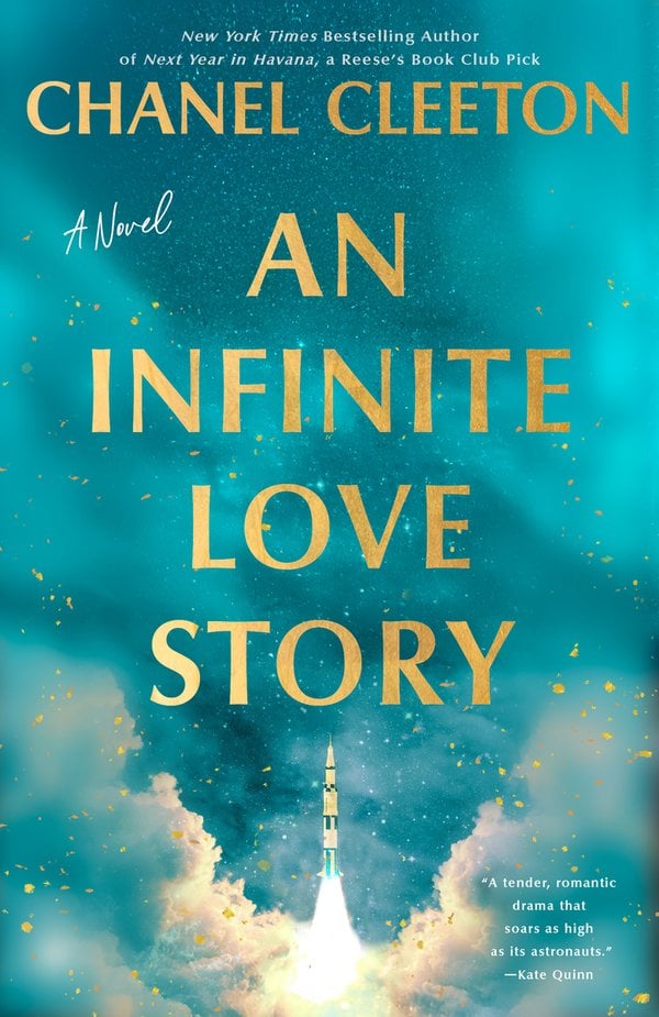 Book cover for An Infinite Love Story by Chanel Cleeton depicting an image of a rocket or space shuttle launching into the clouds. The clouds are in shades of white and blue, and the title letters are in bold gold.