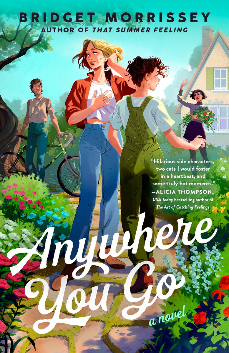 Anywhere You Go by Bridget Morrissey, a contemporary romance book cover depicting an illustration of a woman and child on a path while another woman waves and a man is on watching from afar on a bike.