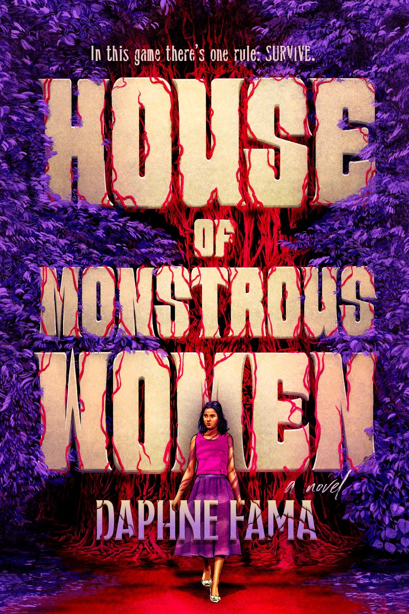 The cover of House of Monstrous Women, a gothic horror novel, depicts the title in gold with red tendrils dripping over the letters and purple bushes running down the left and right sid of the cover. An illustration of a woman in a skirt stands at the bottom
