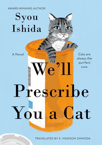 The background is light blue. A gray cat is sitting in an orange prescription bottle.