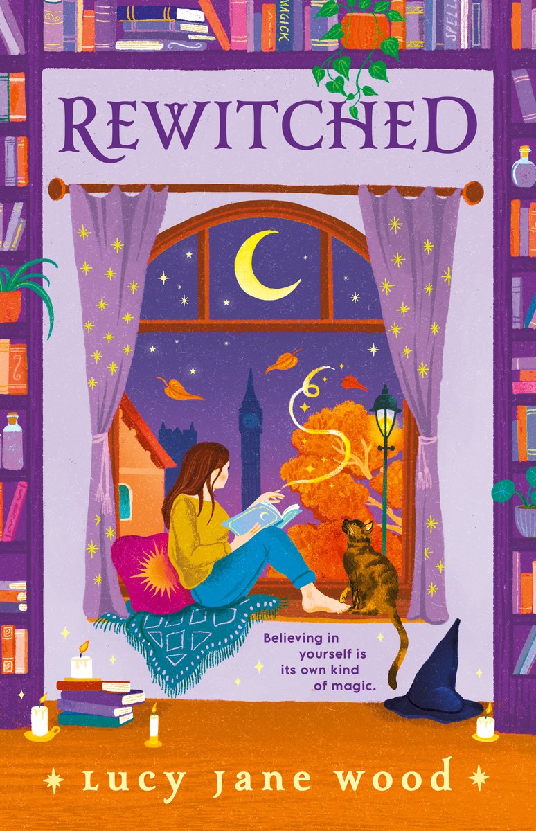Cover of "Rewitched" by Lucy Jane Wood. A brown haired woman is sitting on a windowsill couch, looking at the night sky. A book is in her hands, and magic is coming from her fingers. A brown cat sits next to her, and books line the sides.