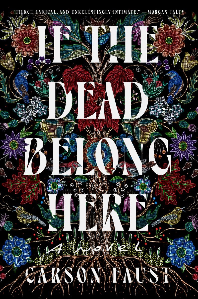 If The Dead Belong Here by Carson Faust book cover features the background as a deep, velvety black with multicolored floral motifs.