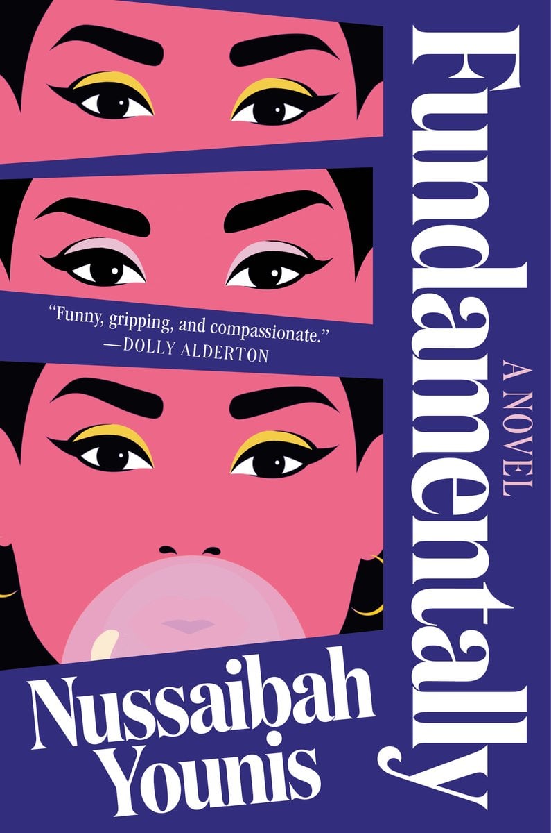 Fundamentally by Nussaibah Younis, a fiction book cover showing a woman with yellow and light pink eyeshadow with a bubble-gum against a dark purple background with white text of the title "Fundamentally" vertically on the right side, and author's name, "Nussaibah Younis" at the bottom.