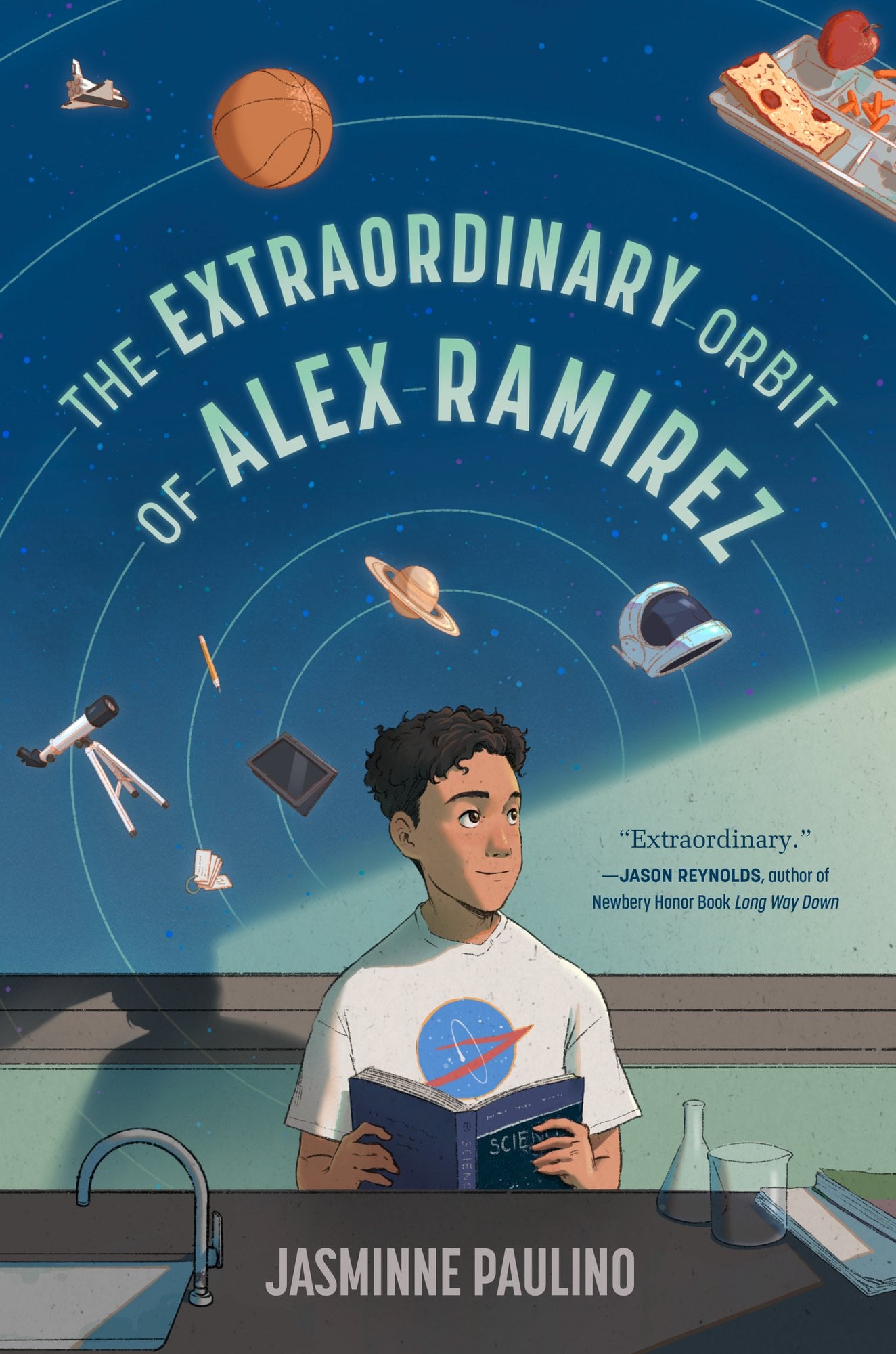 Book cover of The Extraordinary Orbit of Alex Ramirez by Jasminne Paulino, featuring a brown-skinned child with short, curly dark hair sitting at a science class lab table with an open textbook as he stares out towards a shaft of sunlight.
