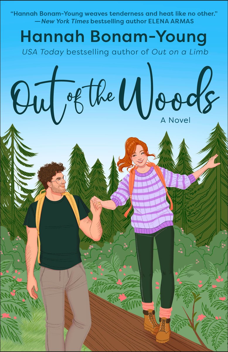 Cover of Out of the Woods by Hannah Bonam-Young. Illustration of a man and a woman hiking in a pretty forest. The woman is balancing on a log, and the man is holding her hand.