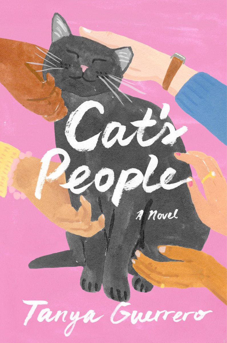 Cat's People by Tanya Guerrero book cover is set on a bright pink background with a black cat in the center of the cover. Multiple hands adorned with jewelry and clothing sleeves reach out to pet the cat. The title is a white script font across the center with the author's name at the very bottom in the same style.