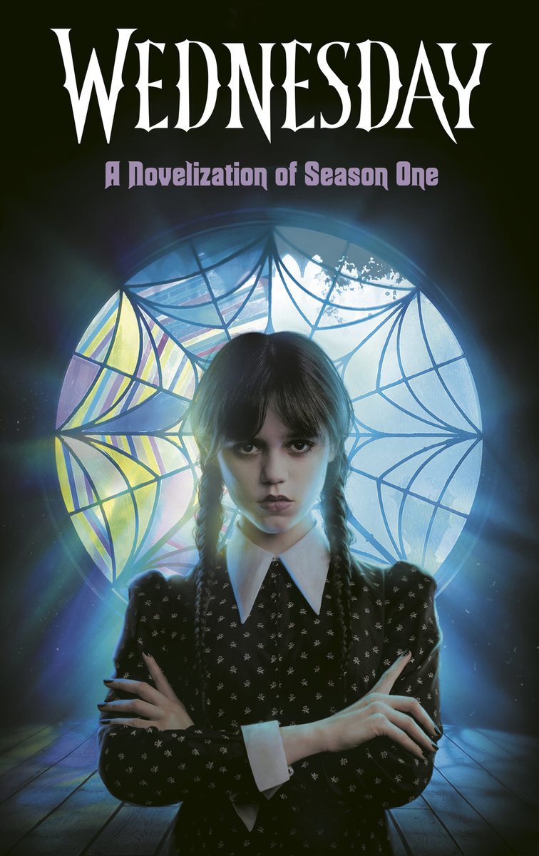 Book cover for Wednesday: A Novelization of Season One by Tehlor Kay Mejia. Set against a background of a circular window with half colored with yellow, purple and blue and the other plain glass, a girl with black hair in two braids wearing a black spotted dress with white cuffs and a white collar stares solemnly at the camera. The name Wednesday is in white gothic lettering, and the rest of the title is in purple text.