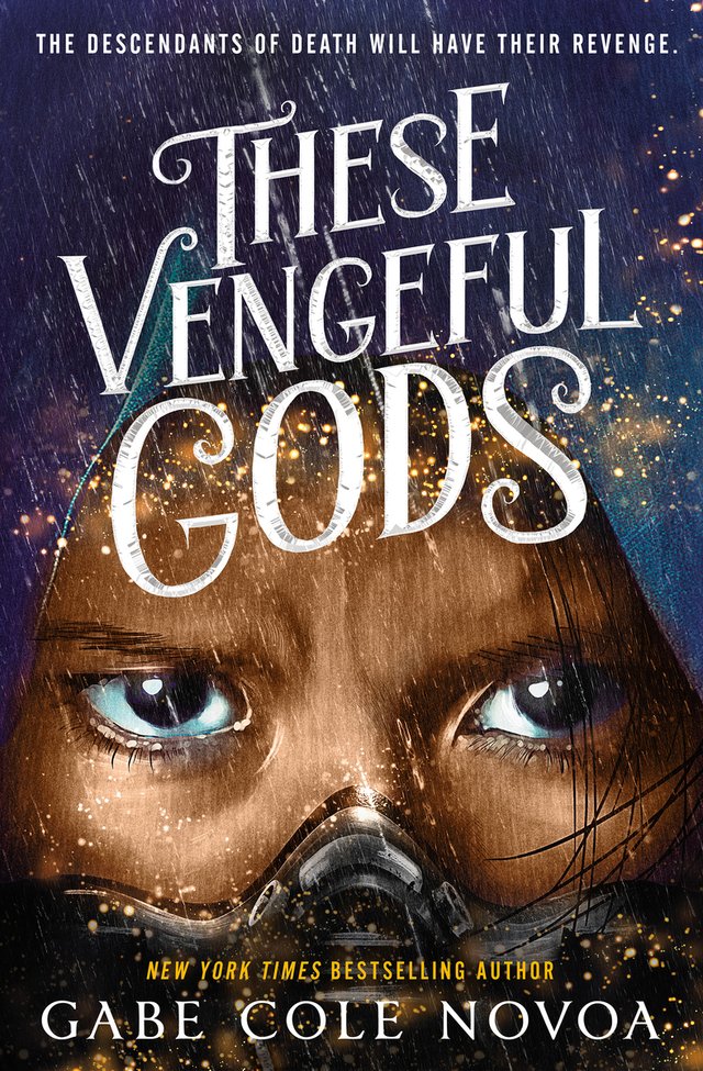 The cover of These Vengeful Gods, a YA fantasy novel, features an up-close illustrated portrait of a young teen with brown skin and brown eyes, wearing a purple hood and black mask