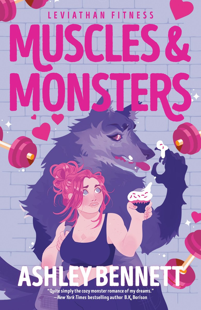 A book cover of Muscles & Monsters by Ashley Bennett. There is a woman and a werewolf on the cover. The woman is holding a cupcake, as the werewolf stands behind her eating icing.